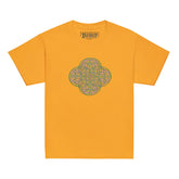 A gold Xigfireon kids graphic t-shirt featuring the Living Colour iteration of the `Reach Of The Spirit` Celtic knot design. The `Reach Of The Spirit` Celtic knot symbolizes Mother Earth.