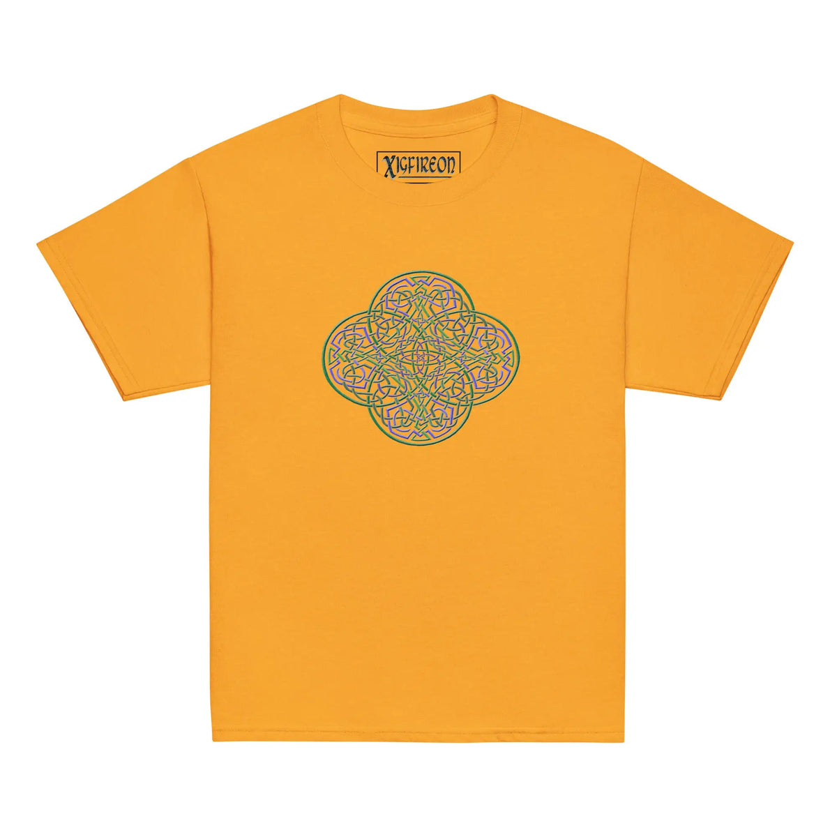 A gold Xigfireon kids graphic t-shirt featuring the Living Colour iteration of the Reach Of The Spirit Celtic knot design. The Reach Of The Spirit Celtic knot symbolizes Mother Earth.