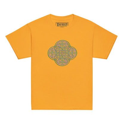 A gold Xigfireon kids graphic t-shirt featuring the Living Colour iteration of the Reach Of The Spirit Celtic knot design. The Reach Of The Spirit Celtic knot symbolizes Mother Earth.