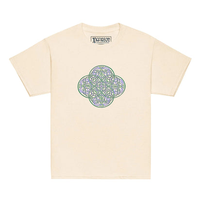 A natural Xigfireon kids graphic t-shirt featuring the Living Colour iteration of the Reach Of The Spirit Celtic knot design. The Reach Of The Spirit Celtic knot symbolizes Mother Earth.