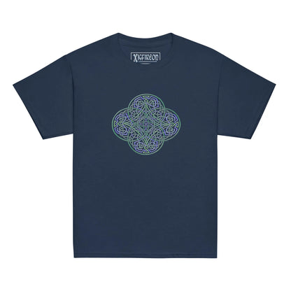 A navy blue Xigfireon kids graphic t-shirt featuring the Living Colour iteration of the Reach Of The Spirit Celtic knot design. The Reach Of The Spirit Celtic knot symbolizes Mother Earth.
