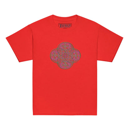 A red Xigfireon kids graphic t-shirt featuring the Living Colour iteration of the Reach Of The Spirit Celtic knot design. The Reach Of The Spirit Celtic knot symbolizes Mother Earth.