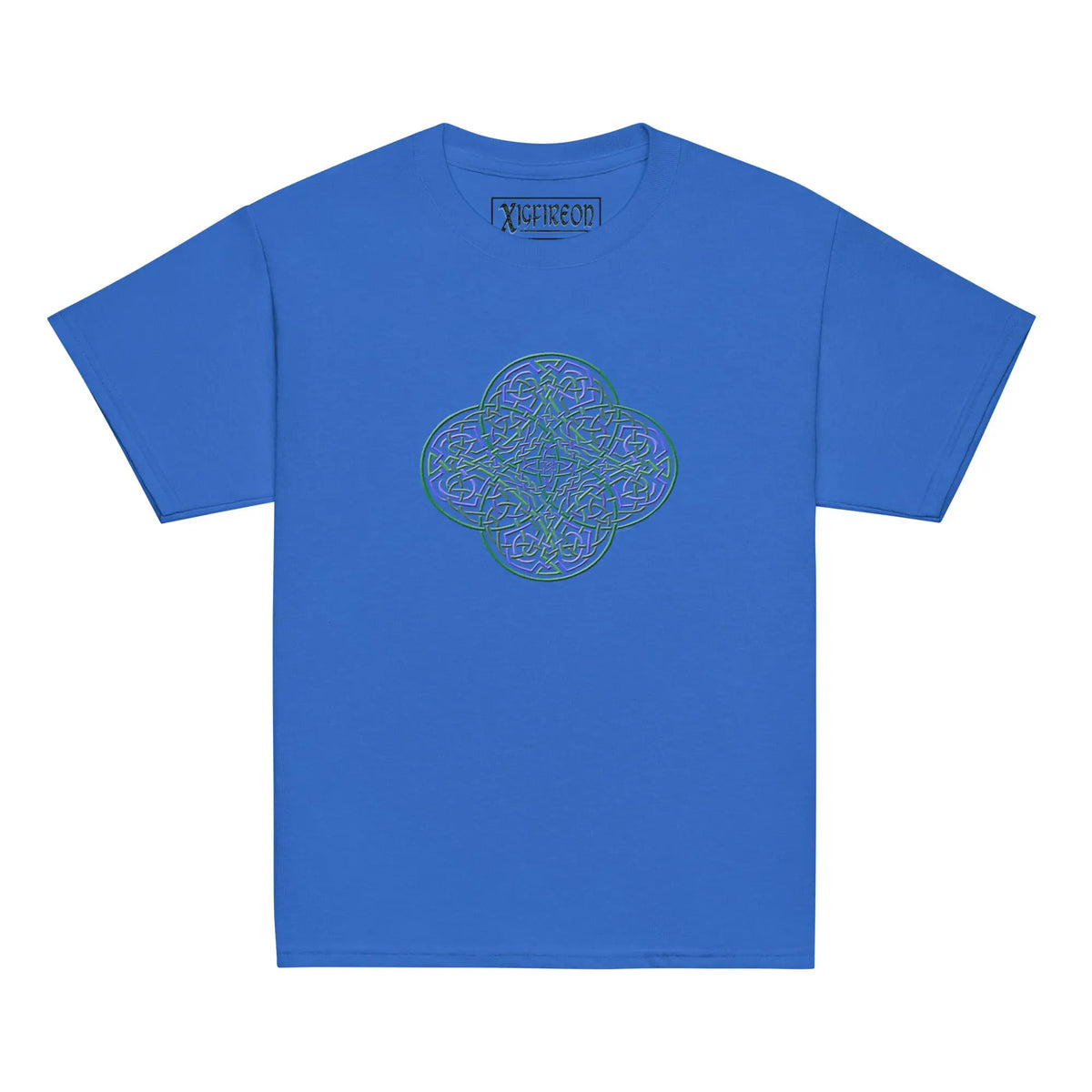 A royal blue Xigfireon kids graphic t-shirt featuring the Living Colour iteration of the Reach Of The Spirit Celtic knot design. The Reach Of The Spirit Celtic knot symbolizes Mother Earth.