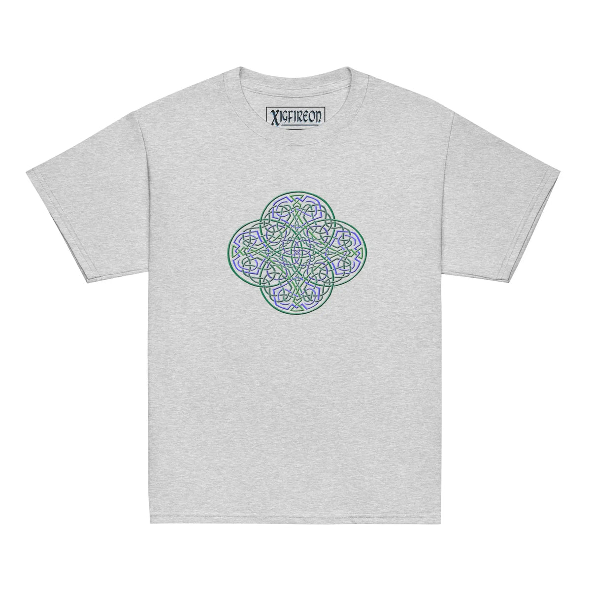 A sport grey Xigfireon kids graphic t-shirt featuring the Living Colour iteration of the Reach Of The Spirit Celtic knot design. The Reach Of The Spirit Celtic knot symbolizes Mother Earth.