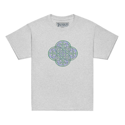 A sport grey Xigfireon kids graphic t-shirt featuring the Living Colour iteration of the Reach Of The Spirit Celtic knot design. The Reach Of The Spirit Celtic knot symbolizes Mother Earth.