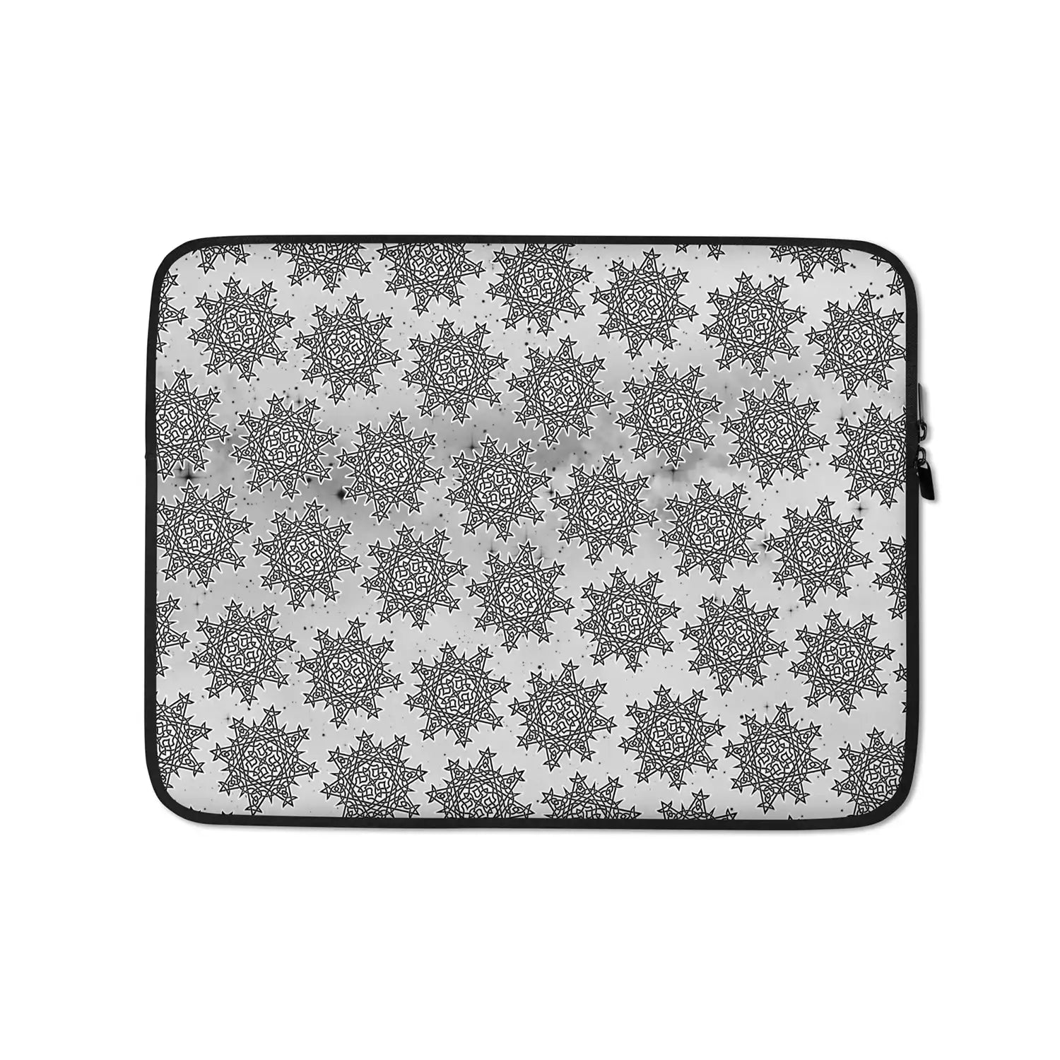 A 13 inch graphic laptop sleeve featuring the Inverted Black & White Solid Cosmos iteration of the Morning Star Fire Celtic knot pattern.