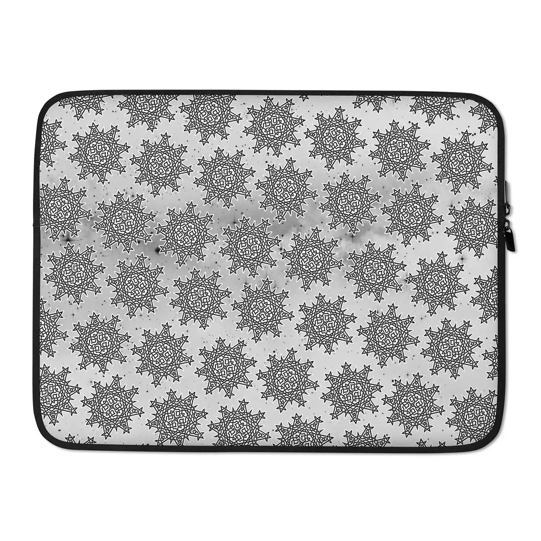 A 15 inch graphic laptop sleeve featuring the Inverted Black &amp; White Solid Cosmos iteration of the Morning Star Fire Celtic knot pattern.