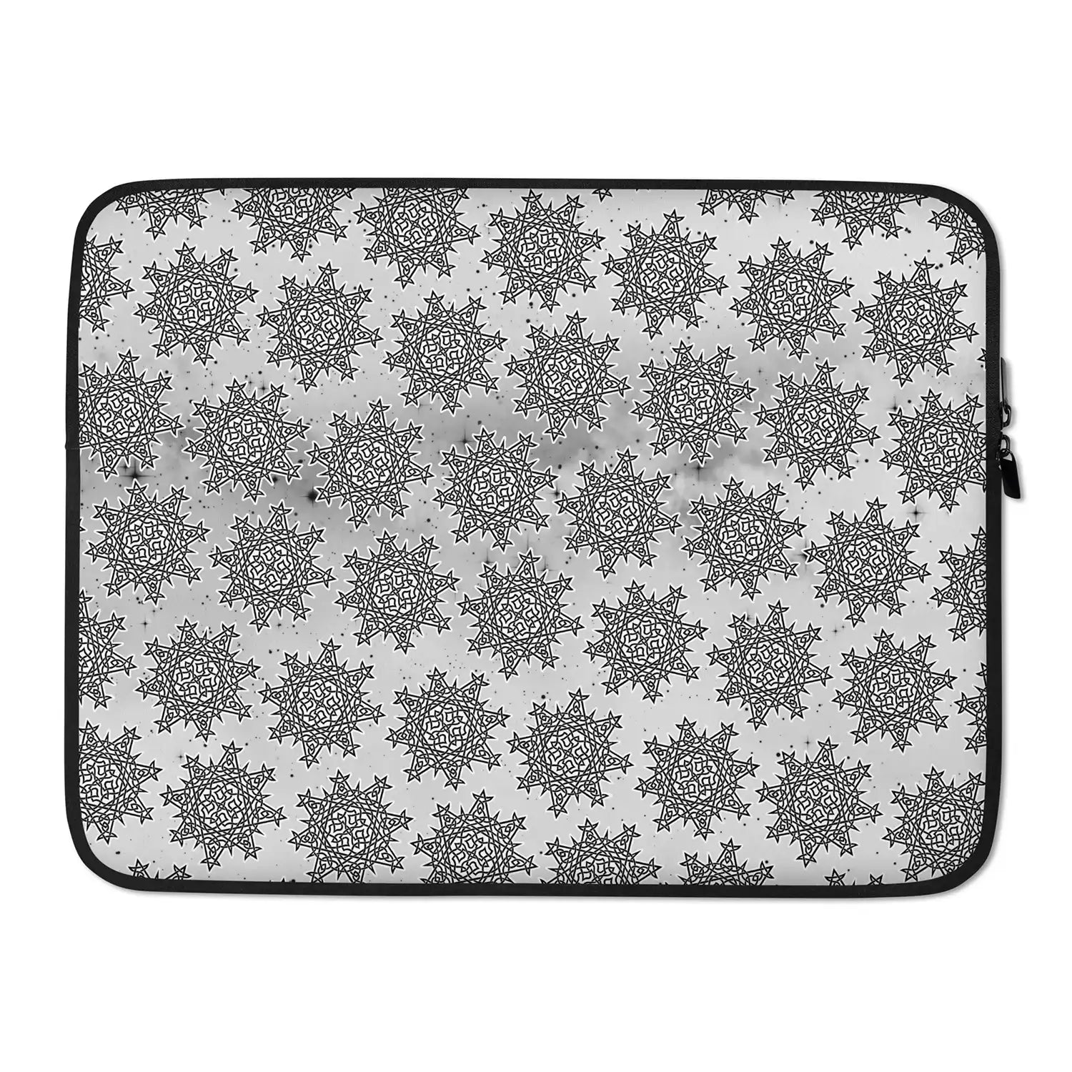 A 15 inch graphic laptop sleeve featuring the Inverted Black & White Solid Cosmos iteration of the Morning Star Fire Celtic knot pattern.