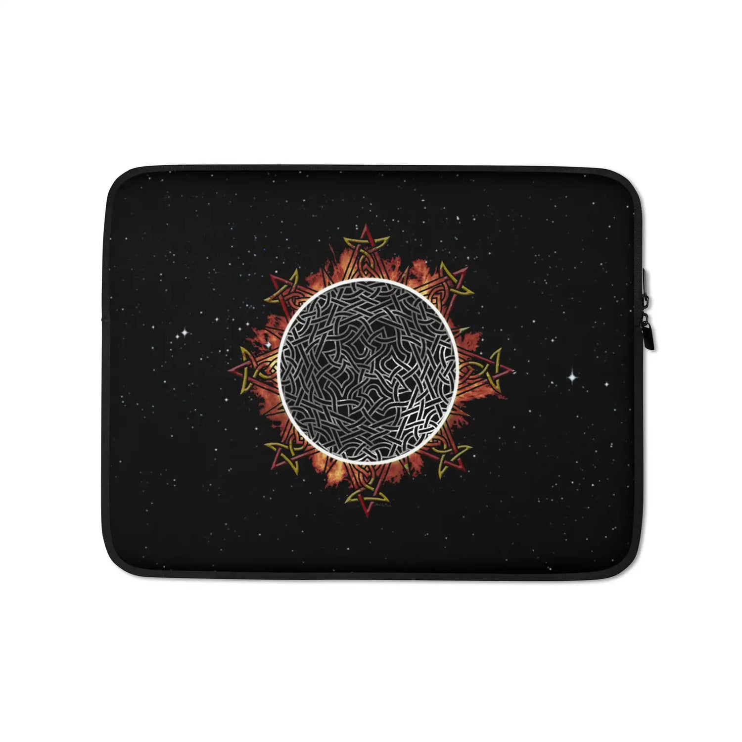 A 13 inch graphic laptop sleeve featuring the Eclipsed iteration of the Morning Star Fire Celtic knot design amidst a field of stars.