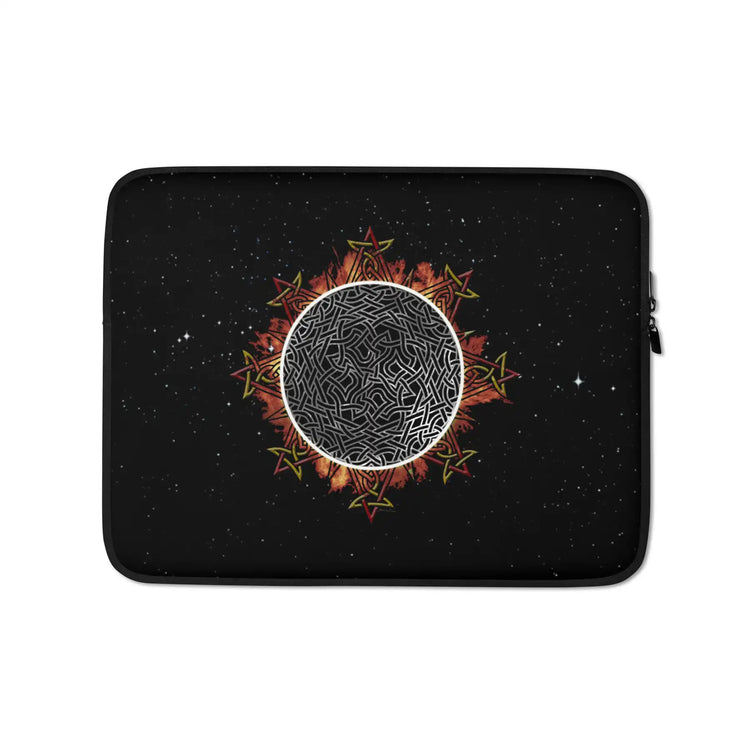 A 13 inch graphic laptop sleeve featuring the Eclipsed iteration of the Morning Star Fire Celtic knot design amidst a field of stars.