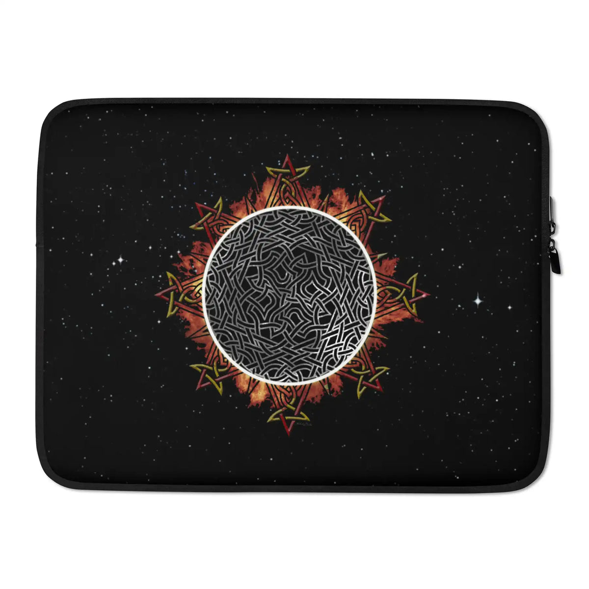 A 15 inch graphic laptop sleeve featuring the Eclipsed iteration of the Morning Star Fire Celtic knot design amidst a field of stars.