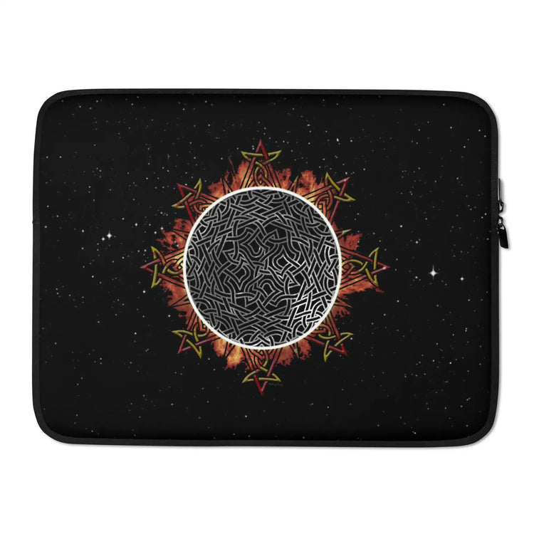 A 15 inch graphic laptop sleeve featuring the Eclipsed iteration of the Morning Star Fire Celtic knot design amidst a field of stars.
