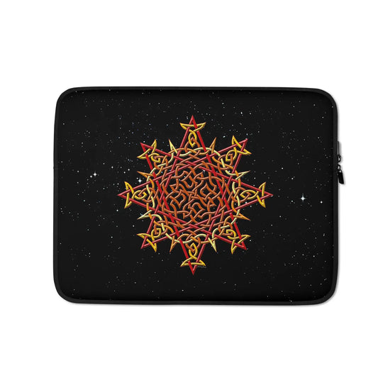 A 13 inch graphic laptop sleeve featuring the Fire Colour iteration of the Morning Star Fire Celtic knot design amidst a field of stars.