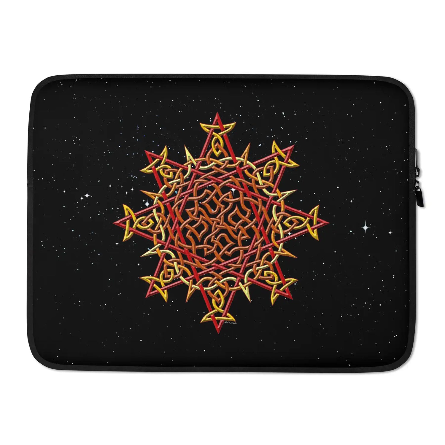 A 15 inch graphic laptop sleeve featuring the Fire Colour iteration of the Morning Star Fire Celtic knot design amidst a field of stars.