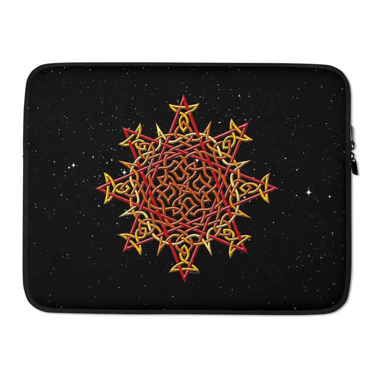A 15 inch graphic laptop sleeve featuring the Fire Colour iteration of the Morning Star Fire Celtic knot design amidst a field of stars.