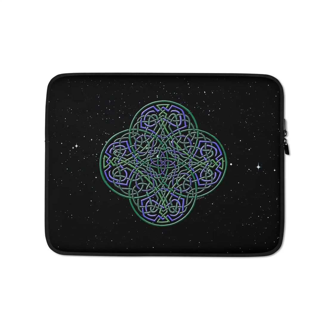 A 13 inch graphic laptop sleeve featuring the Living Colour iteration of the Reach Of The Spirit Celtic knot design amidst a field of stars.