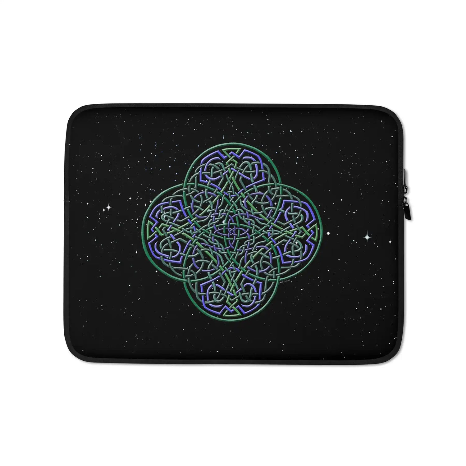 A 13 inch graphic laptop sleeve featuring the Living Colour iteration of the Reach Of The Spirit Celtic knot design amidst a field of stars.