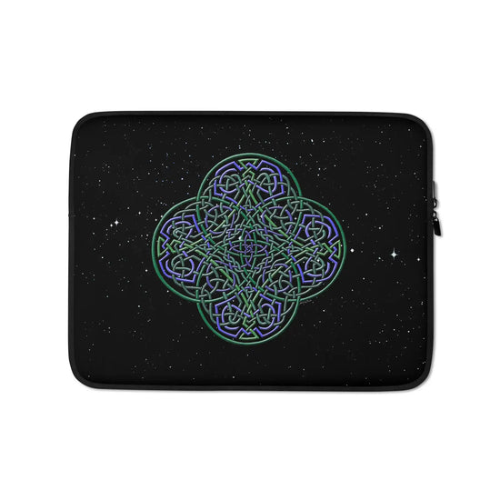 A 13 inch graphic laptop sleeve featuring the Living Colour iteration of the Reach Of The Spirit Celtic knot design amidst a field of stars.
