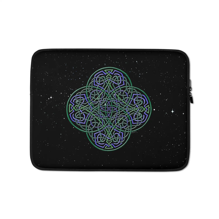 A 13 inch graphic laptop sleeve featuring the Living Colour iteration of the Reach Of The Spirit Celtic knot design amidst a field of stars.