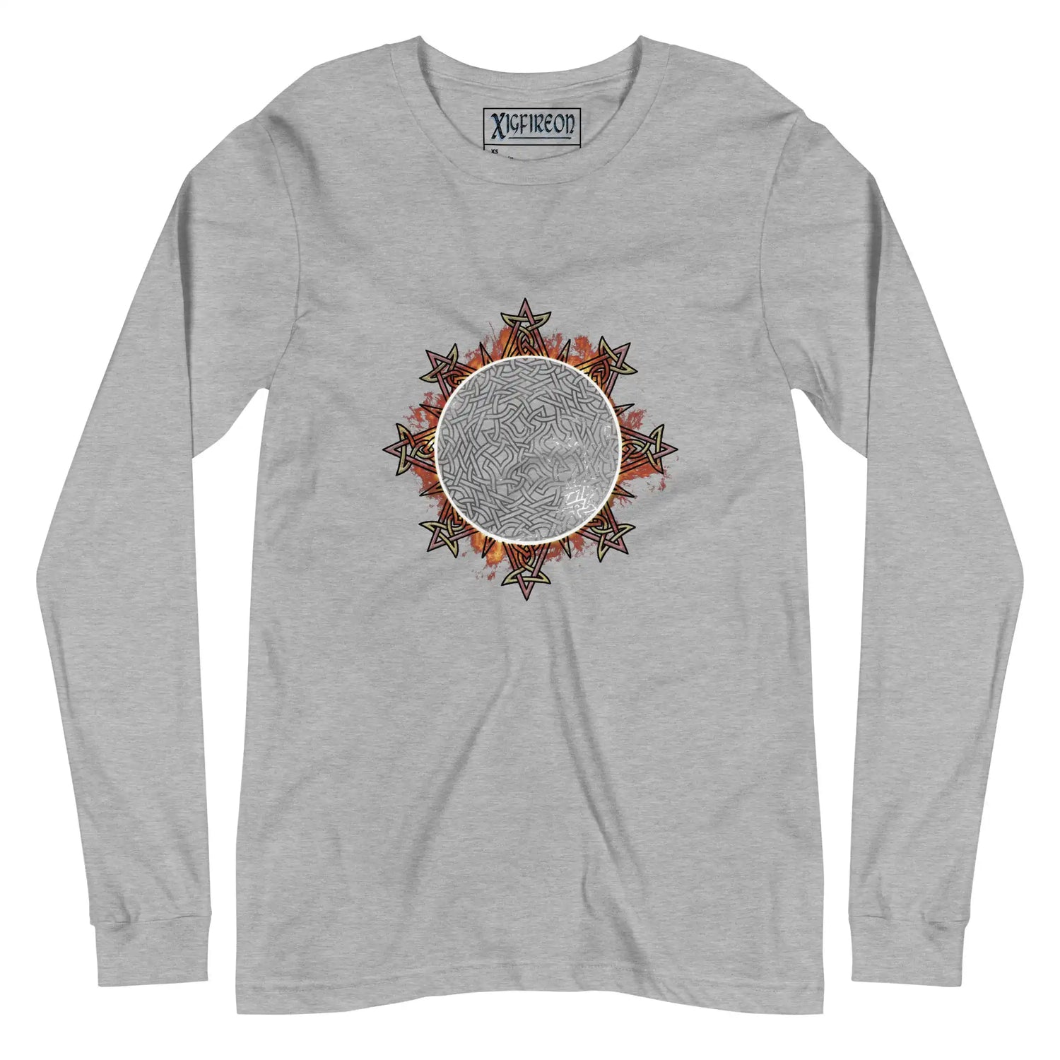 An athletic heather Xigfireon long sleeve graphic tee featuring the Eclipsed iteration of the Morning Star Fire Celtic knot design, inspired by the 2023 Annular Solar Eclipse.