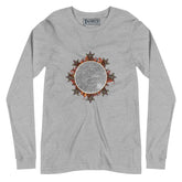 An athletic heather Xigfireon long sleeve graphic tee featuring the Eclipsed iteration of the Morning Star Fire Celtic knot design, inspired by the 2023 Annular Solar Eclipse.