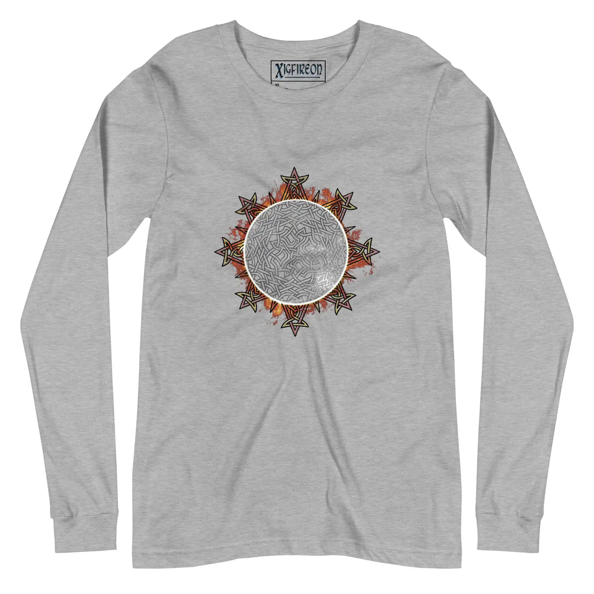 An athletic heather Xigfireon long sleeve graphic tee featuring the Eclipsed iteration of the Morning Star Fire Celtic knot design, inspired by the 2023 Annular Solar Eclipse.