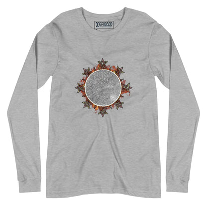 An athletic heather Xigfireon long sleeve graphic tee featuring the Eclipsed iteration of the Morning Star Fire Celtic knot design, inspired by the 2023 Annular Solar Eclipse.