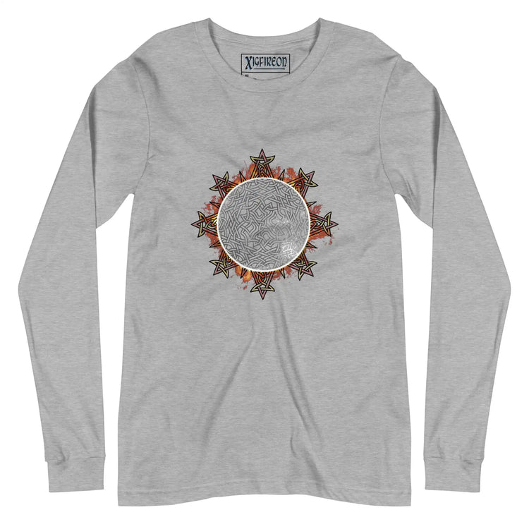 An athletic heather Xigfireon long sleeve graphic tee featuring the Eclipsed iteration of the Morning Star Fire Celtic knot design, inspired by the 2023 Annular Solar Eclipse.