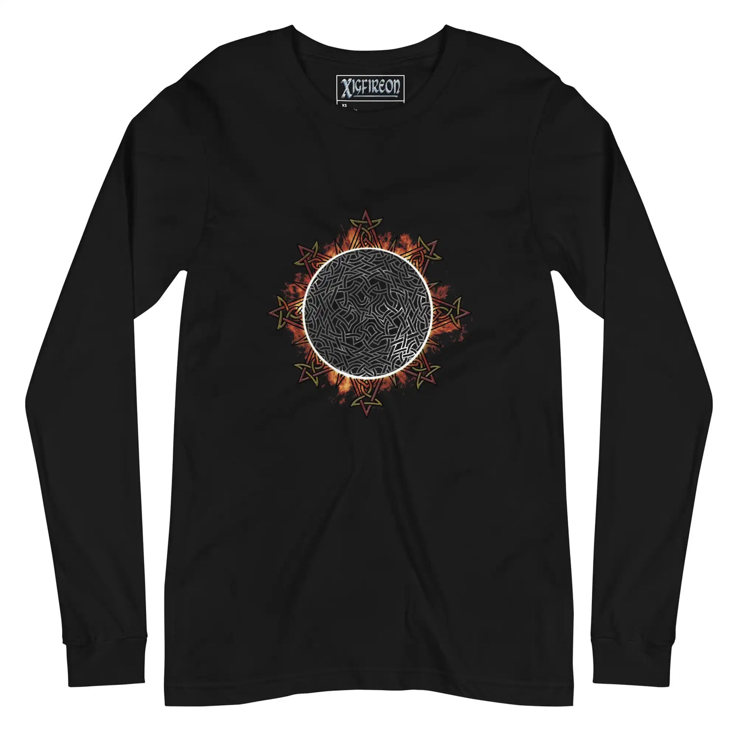 A black Xigfireon long sleeve graphic tee featuring the Eclipsed iteration of the Morning Star Fire Celtic knot design, inspired by the 2023 Annular Solar Eclipse.