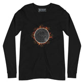 A black Xigfireon long sleeve graphic tee featuring the Eclipsed iteration of the Morning Star Fire Celtic knot design, inspired by the 2023 Annular Solar Eclipse.