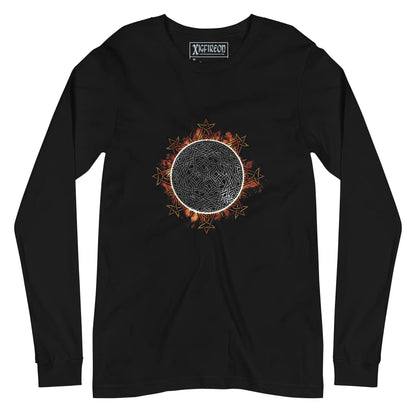 A black Xigfireon long sleeve graphic tee featuring the Eclipsed iteration of the Morning Star Fire Celtic knot design, inspired by the 2023 Annular Solar Eclipse.