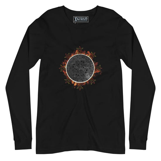A black Xigfireon long sleeve graphic tee featuring the Eclipsed iteration of the Morning Star Fire Celtic knot design, inspired by the 2023 Annular Solar Eclipse.