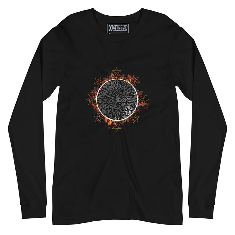 A black Xigfireon long sleeve graphic tee featuring the Eclipsed iteration of the Morning Star Fire Celtic knot design, inspired by the 2023 Annular Solar Eclipse.