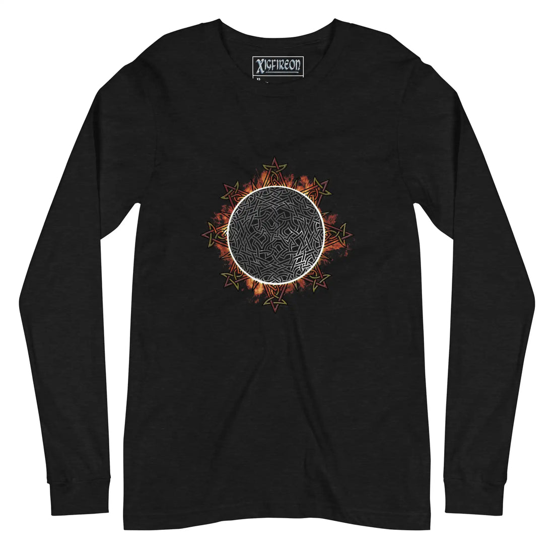 A black Xigfireon long sleeve graphic tee featuring the Eclipsed iteration of the Morning Star Fire Celtic knot design, inspired by the 2023 Annular Solar Eclipse.
