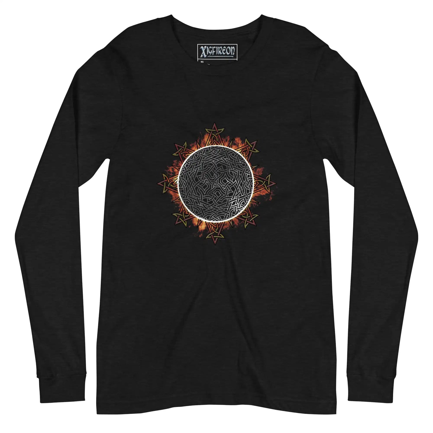 A black Xigfireon long sleeve graphic tee featuring the Eclipsed iteration of the Morning Star Fire Celtic knot design, inspired by the 2023 Annular Solar Eclipse.