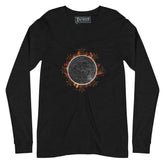 A black Xigfireon long sleeve graphic tee featuring the Eclipsed iteration of the Morning Star Fire Celtic knot design, inspired by the 2023 Annular Solar Eclipse.