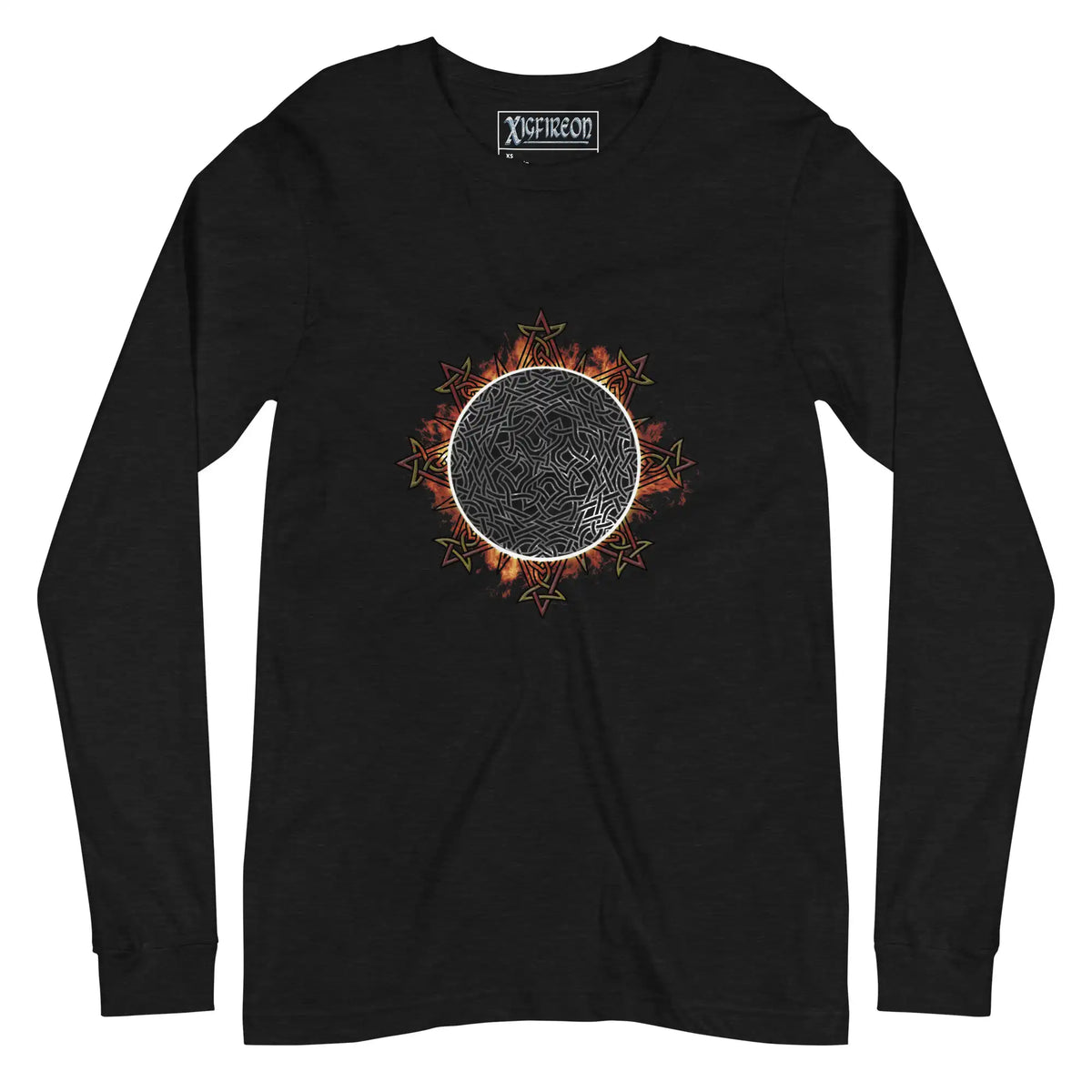 A black Xigfireon long sleeve graphic tee featuring the Eclipsed iteration of the Morning Star Fire Celtic knot design, inspired by the 2023 Annular Solar Eclipse.