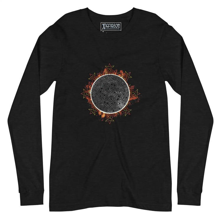 A black Xigfireon long sleeve graphic tee featuring the Eclipsed iteration of the Morning Star Fire Celtic knot design, inspired by the 2023 Annular Solar Eclipse.