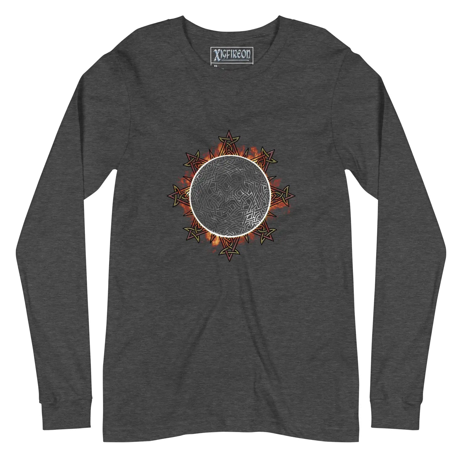 A dark grey heather Xigfireon long sleeve graphic tee featuring the Eclipsed iteration of the Morning Star Fire Celtic knot design, inspired by the 2023 Annular Solar Eclipse.