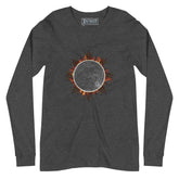 A dark grey heather Xigfireon long sleeve graphic tee featuring the Eclipsed iteration of the Morning Star Fire Celtic knot design, inspired by the 2023 Annular Solar Eclipse.