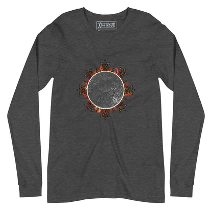 A dark grey heather Xigfireon long sleeve graphic tee featuring the Eclipsed iteration of the Morning Star Fire Celtic knot design, inspired by the 2023 Annular Solar Eclipse.