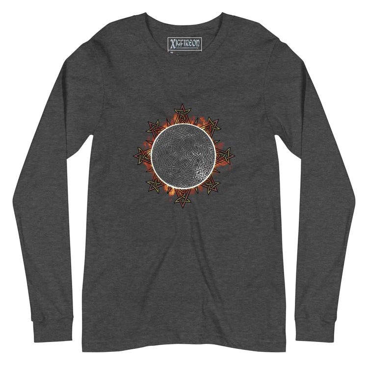 A dark grey heather Xigfireon long sleeve graphic tee featuring the Eclipsed iteration of the Morning Star Fire Celtic knot design, inspired by the 2023 Annular Solar Eclipse.