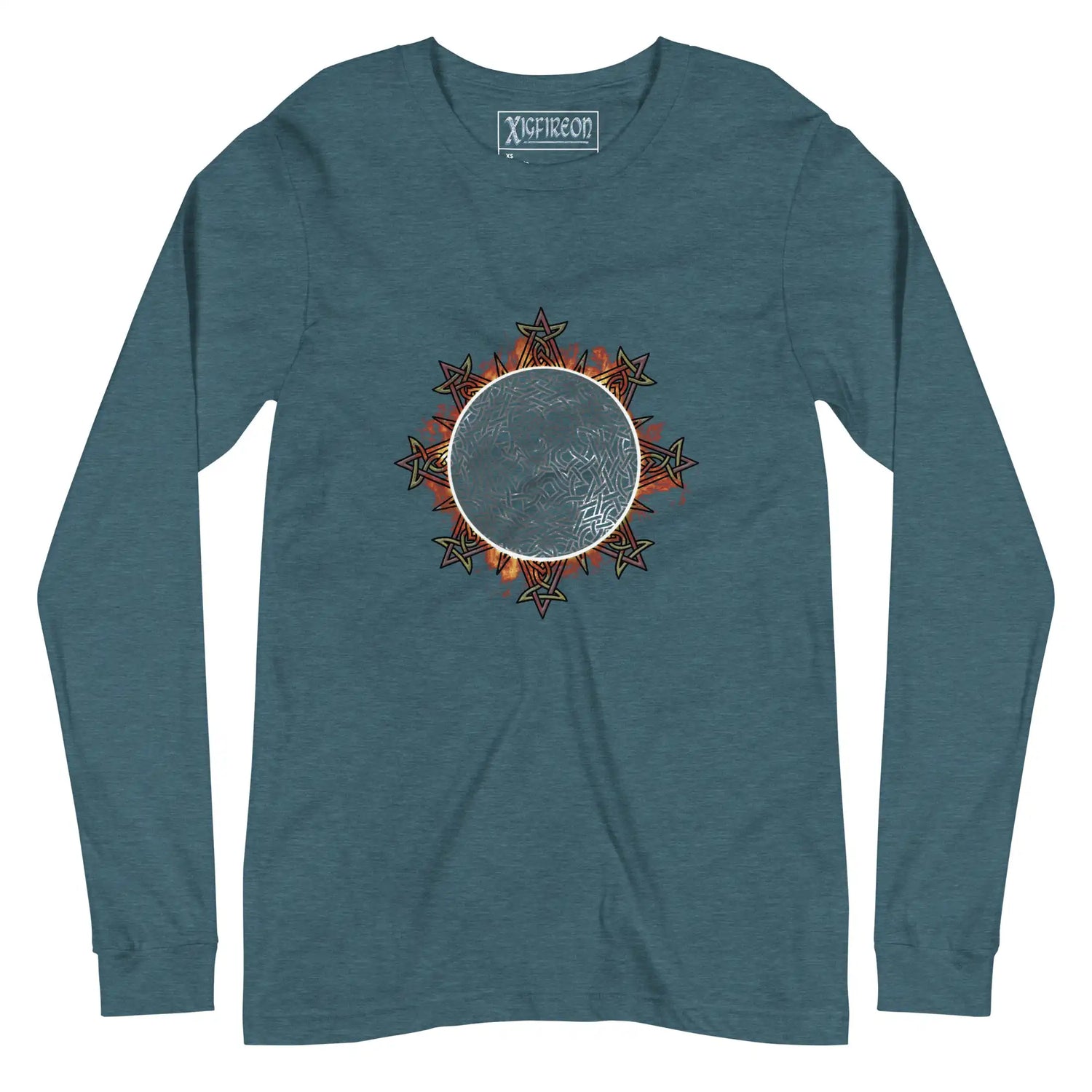 A heather deep teal Xigfireon long sleeve graphic tee featuring the Eclipsed iteration of the Morning Star Fire Celtic knot design, inspired by the 2023 Annular Solar Eclipse.