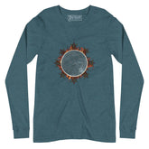 A heather deep teal Xigfireon long sleeve graphic tee featuring the Eclipsed iteration of the Morning Star Fire Celtic knot design, inspired by the 2023 Annular Solar Eclipse.