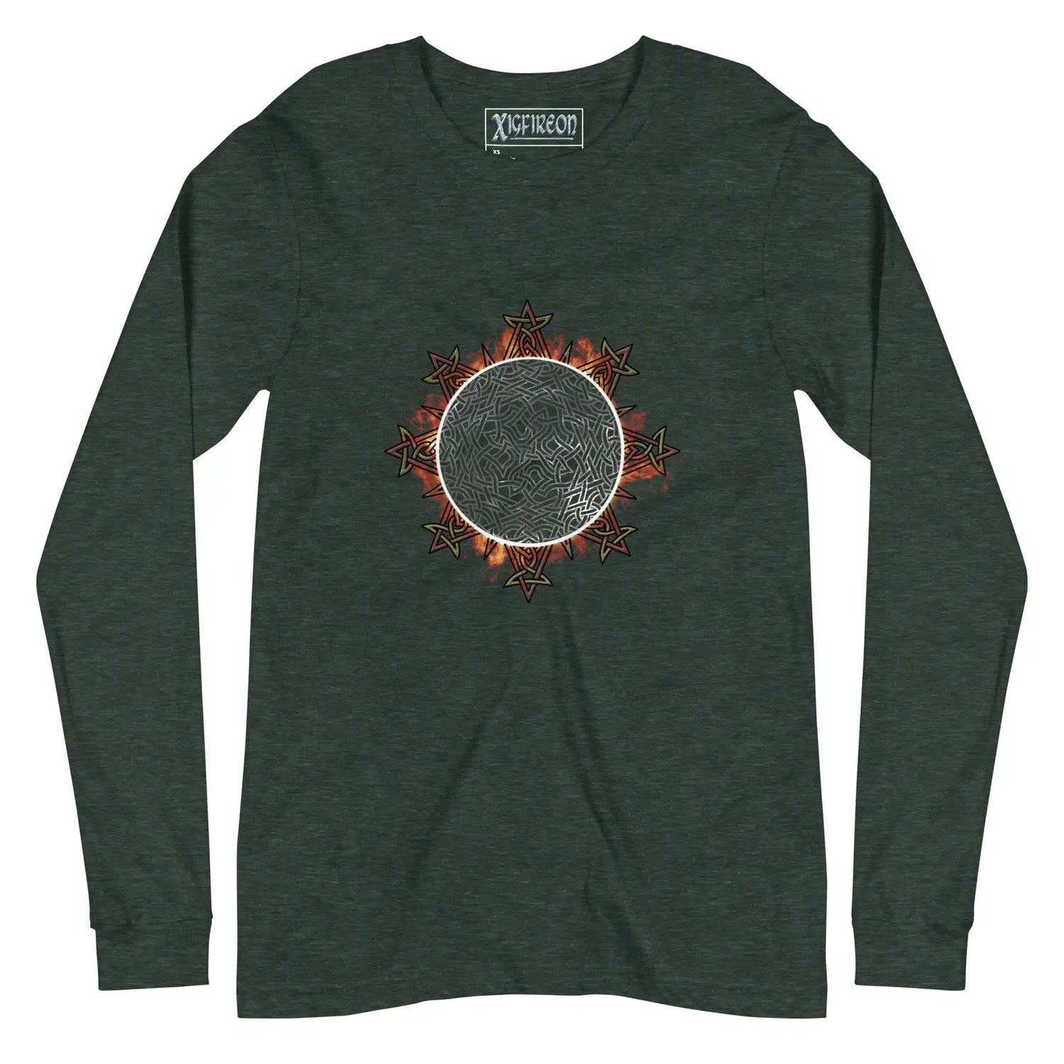A heather forest green Xigfireon long sleeve graphic tee featuring the Eclipsed iteration of the Morning Star Fire Celtic knot design, inspired by the 2023 Annular Solar Eclipse.