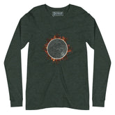A heather forest green Xigfireon long sleeve graphic tee featuring the Eclipsed iteration of the Morning Star Fire Celtic knot design, inspired by the 2023 Annular Solar Eclipse.