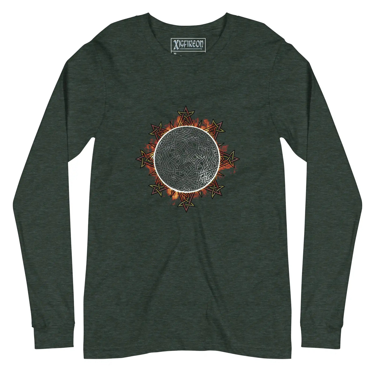 A heather forest green Xigfireon long sleeve graphic tee featuring the Eclipsed iteration of the Morning Star Fire Celtic knot design, inspired by the 2023 Annular Solar Eclipse.