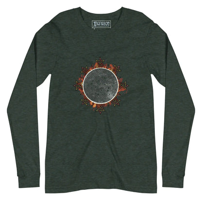 A heather forest green Xigfireon long sleeve graphic tee featuring the Eclipsed iteration of the Morning Star Fire Celtic knot design, inspired by the 2023 Annular Solar Eclipse.