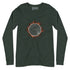A heather forest green Xigfireon long sleeve graphic tee featuring the Eclipsed iteration of the Morning Star Fire Celtic knot design, inspired by the 2023 Annular Solar Eclipse.