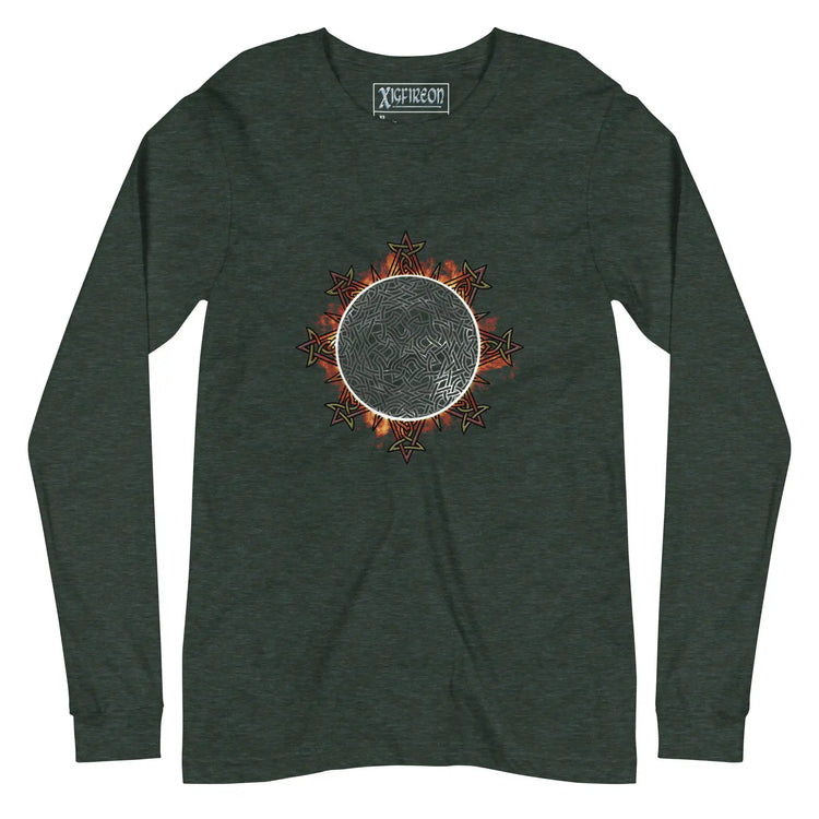 A heather forest green Xigfireon long sleeve graphic tee featuring the Eclipsed iteration of the Morning Star Fire Celtic knot design, inspired by the 2023 Annular Solar Eclipse.